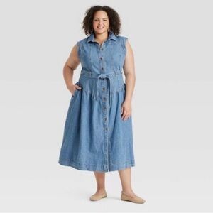 Women's Tie-Waist Midi A-Line Jean Dress - Universal Thread Indigo